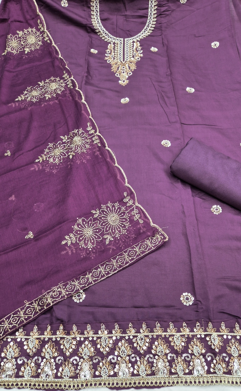Lavender Floral Embroidered Cotton Straight Suit