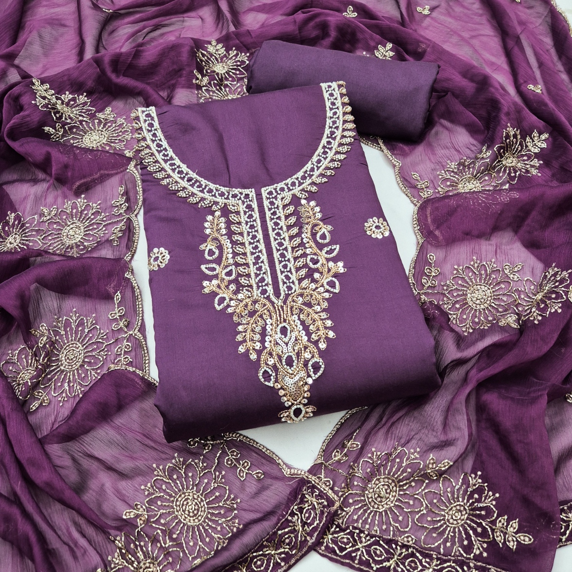 Lavender Floral Embroidered Cotton Straight Suit