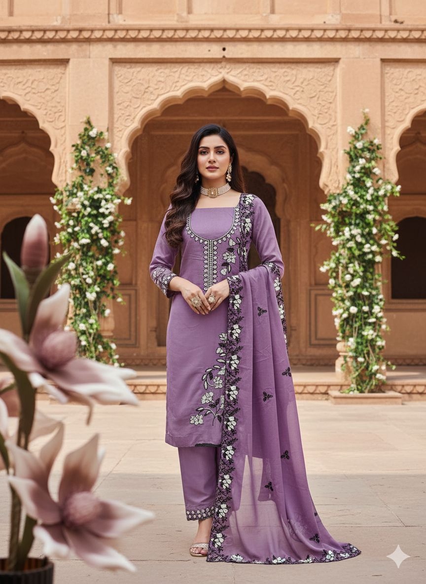Lavender Floral Embroidered Georgette Salwar Suit