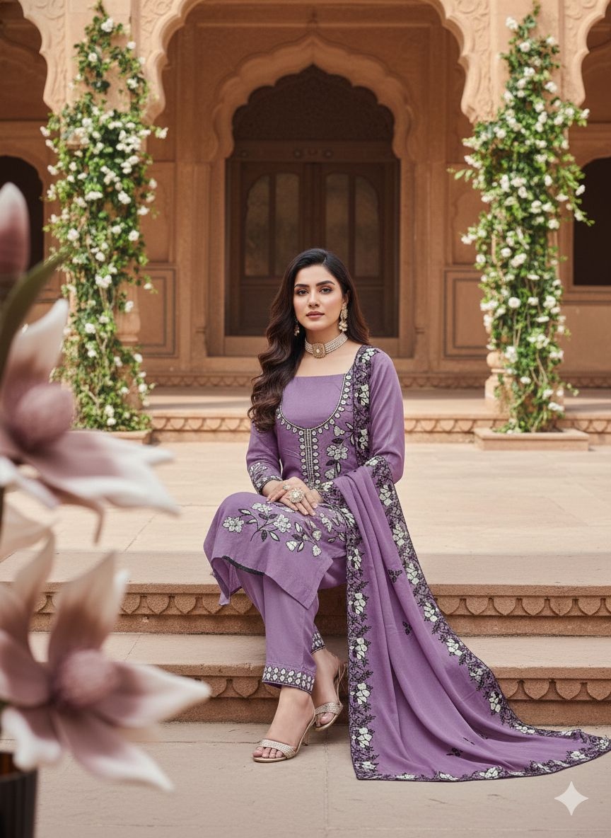 Lavender Floral Embroidered Georgette Salwar Suit — alternate view