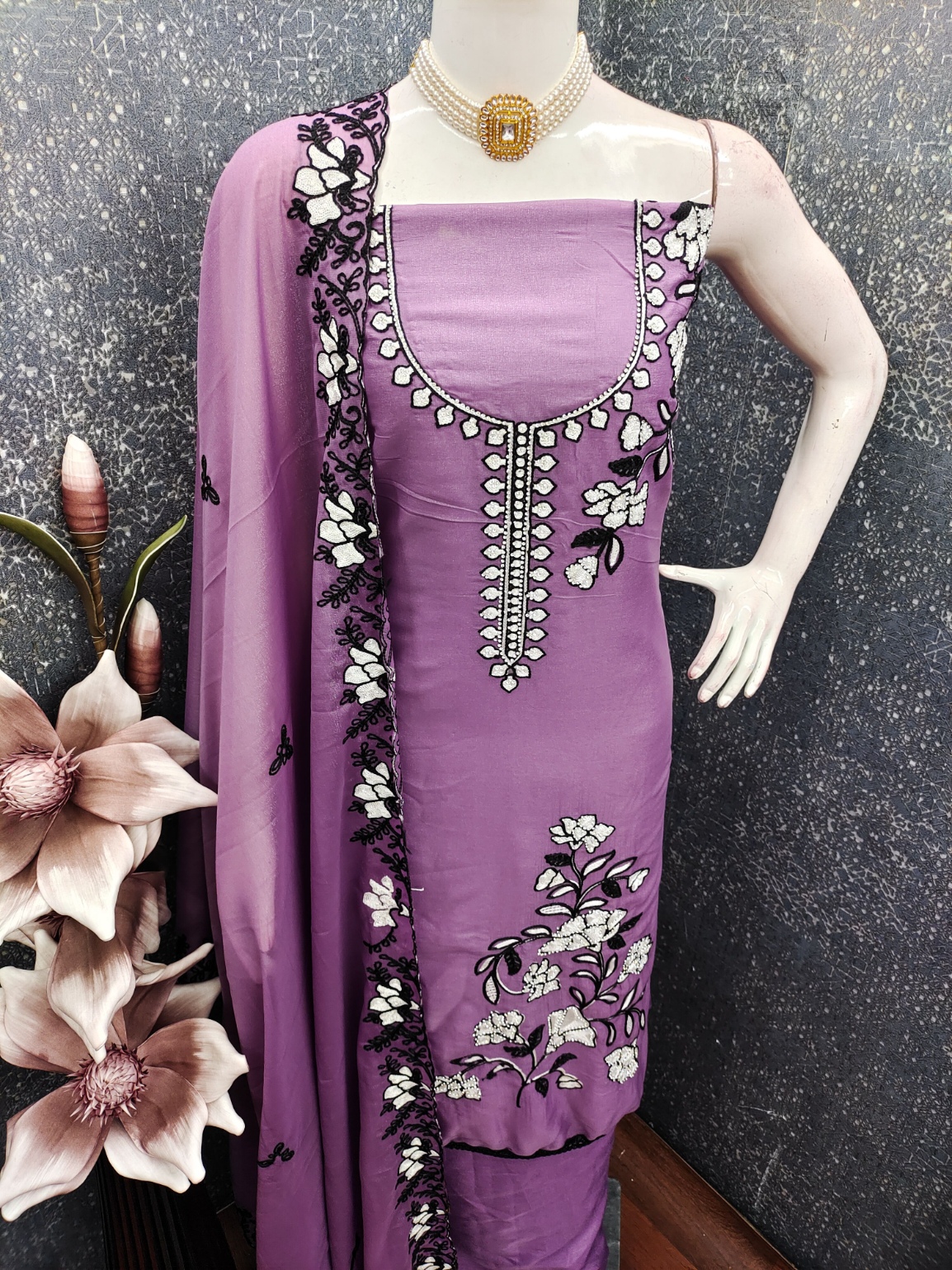 Lavender Floral Embroidered Georgette Salwar Suit