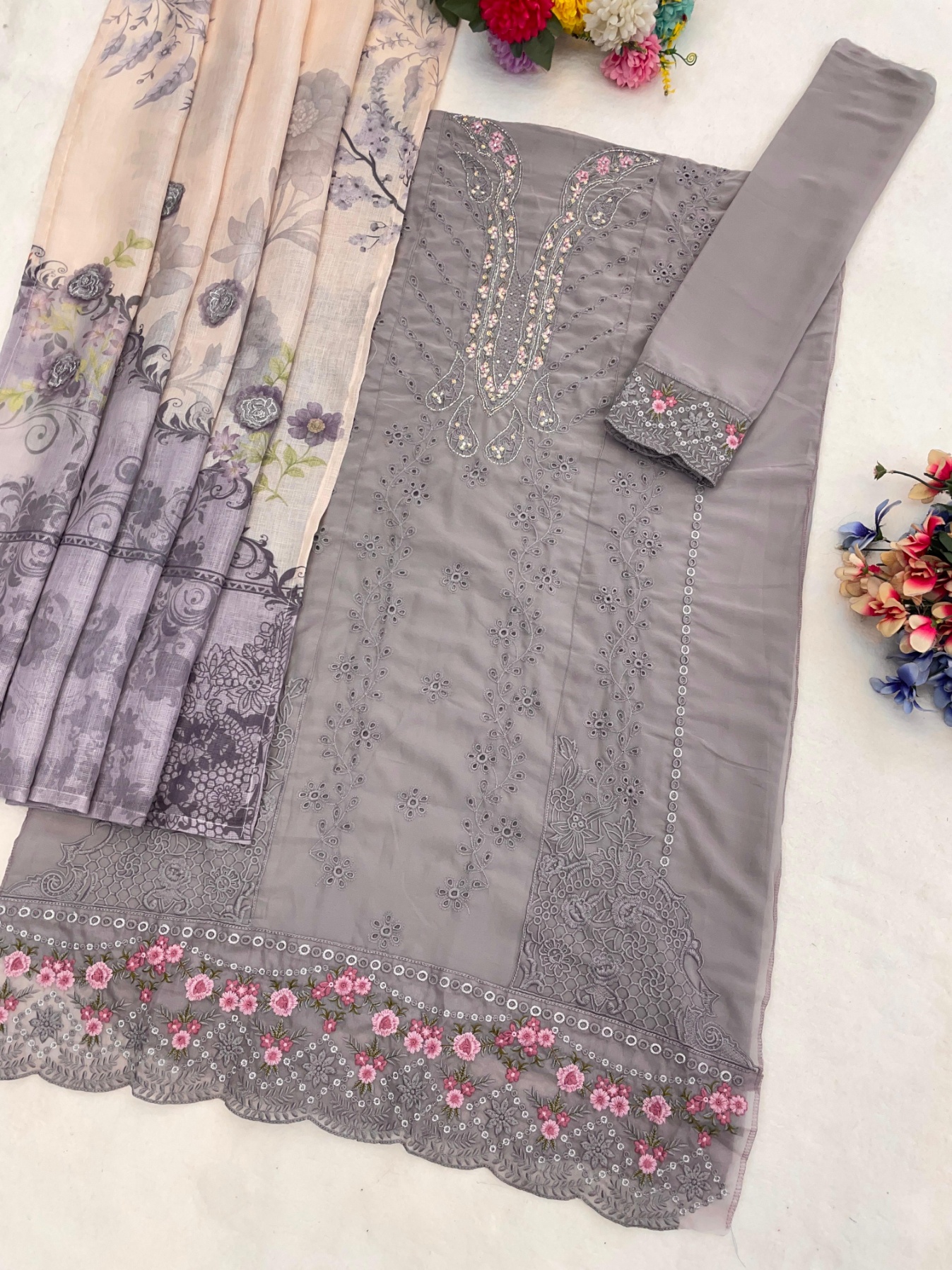 Lavender Floral Embroidered Georgette Salwar Suit