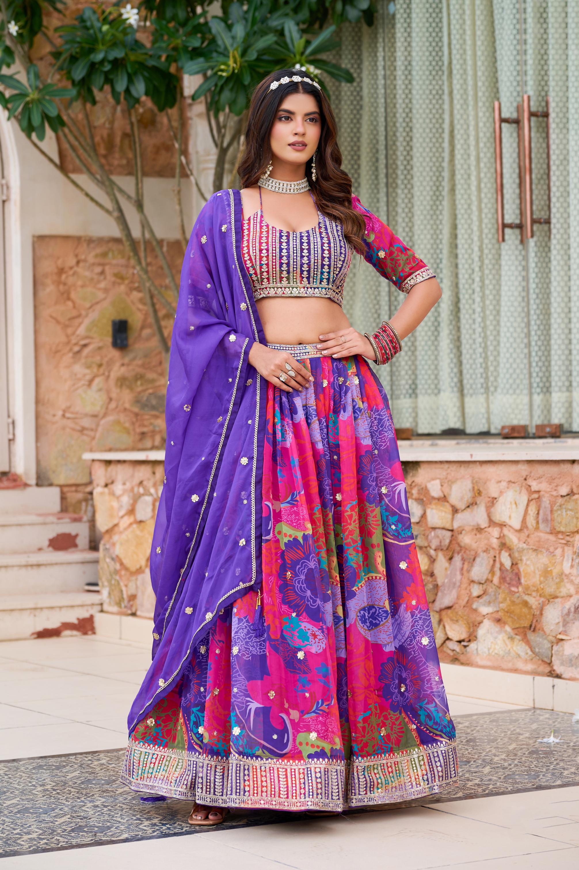 Lavender Floral Embroidered Organza Lehenga Choli
