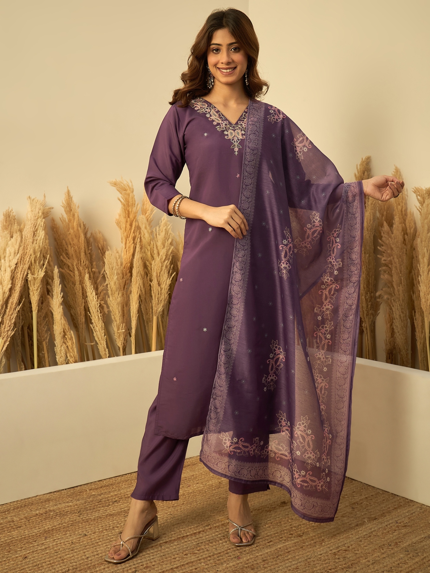 Lavender Floral Embroidered Roman Silk Kurta Set