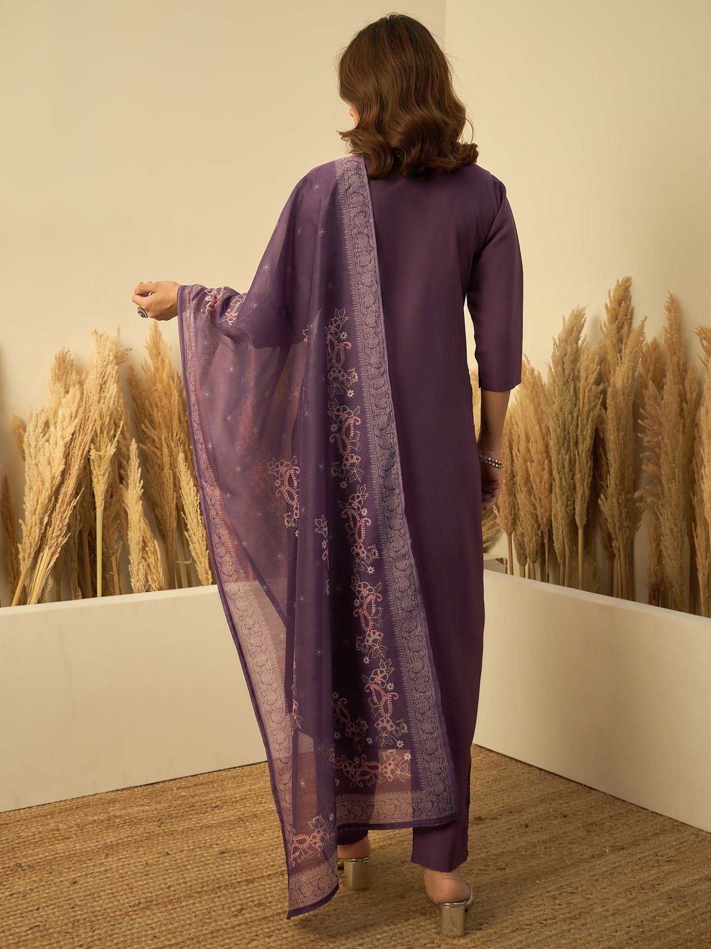 Lavender Floral Embroidered Roman Silk Kurta Set — alternate view