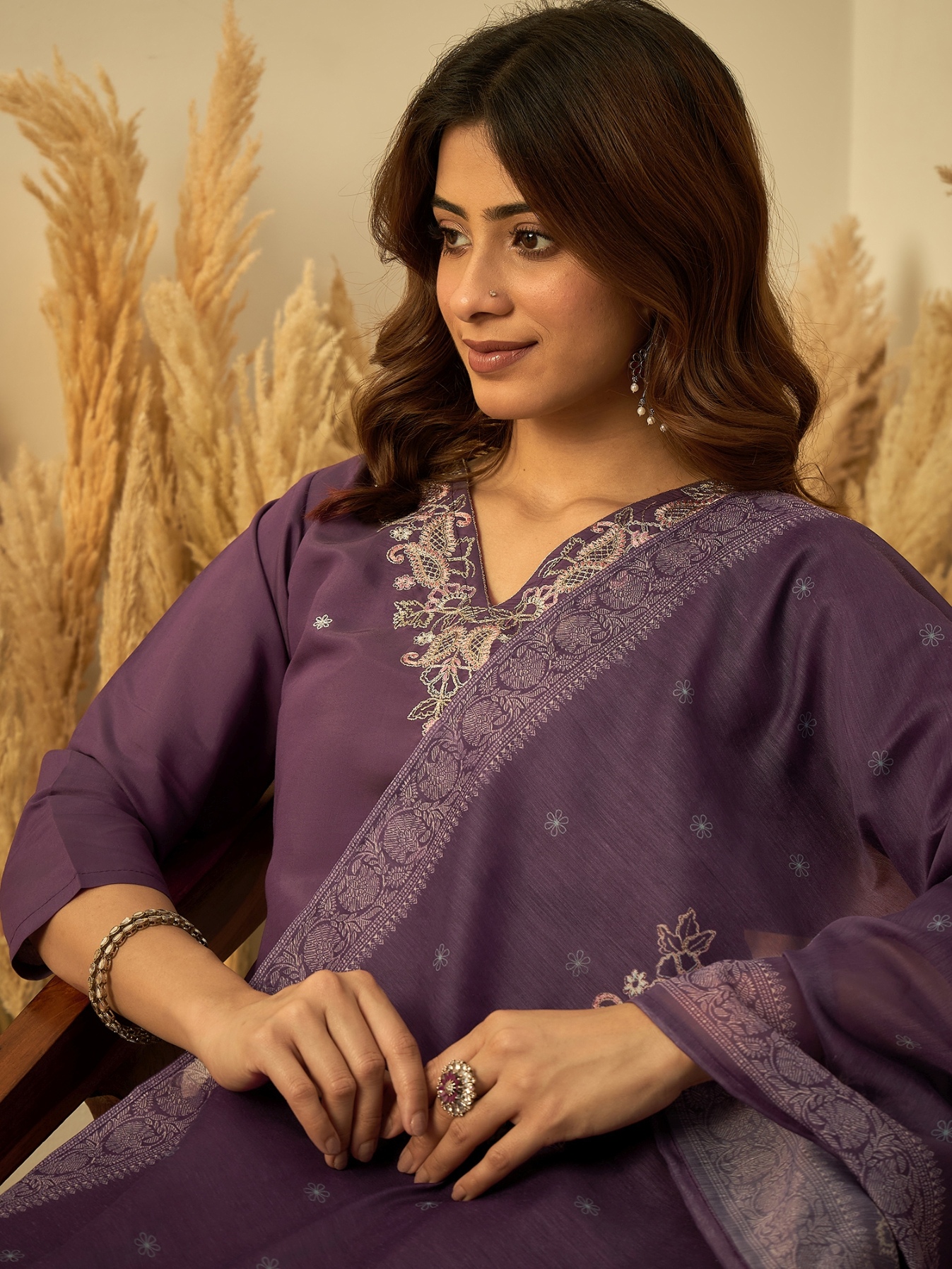 Lavender Floral Embroidered Roman Silk Kurta Set