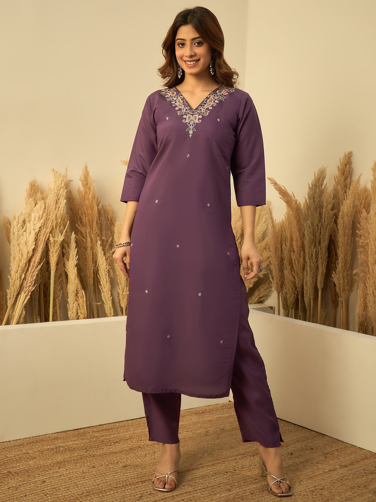 Lavender Floral Embroidered Roman Silk Kurta Set