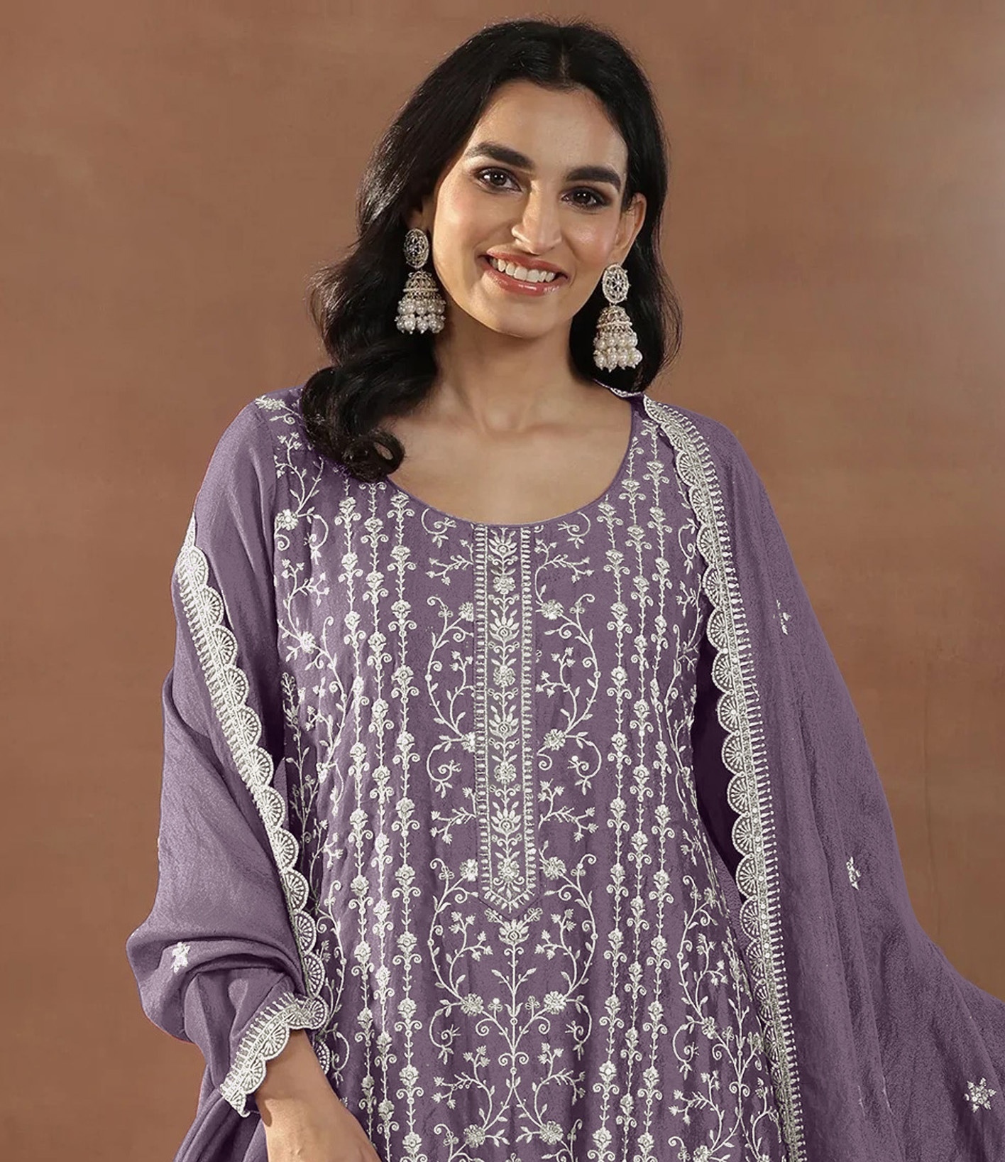 Lavender Floral Embroidered Silk Straight Suit — alternate view
