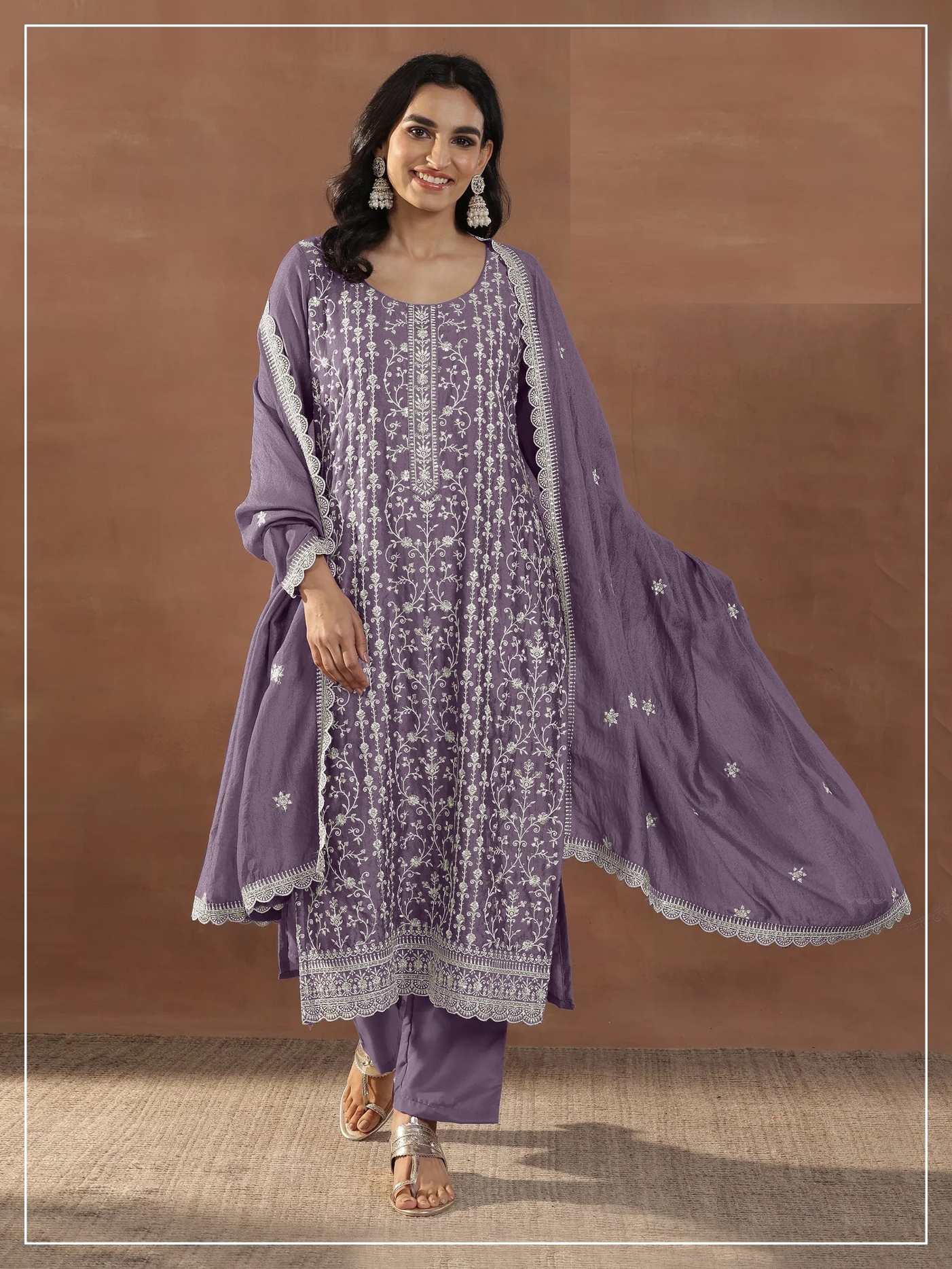 Lavender Floral Embroidered Silk Straight Suit