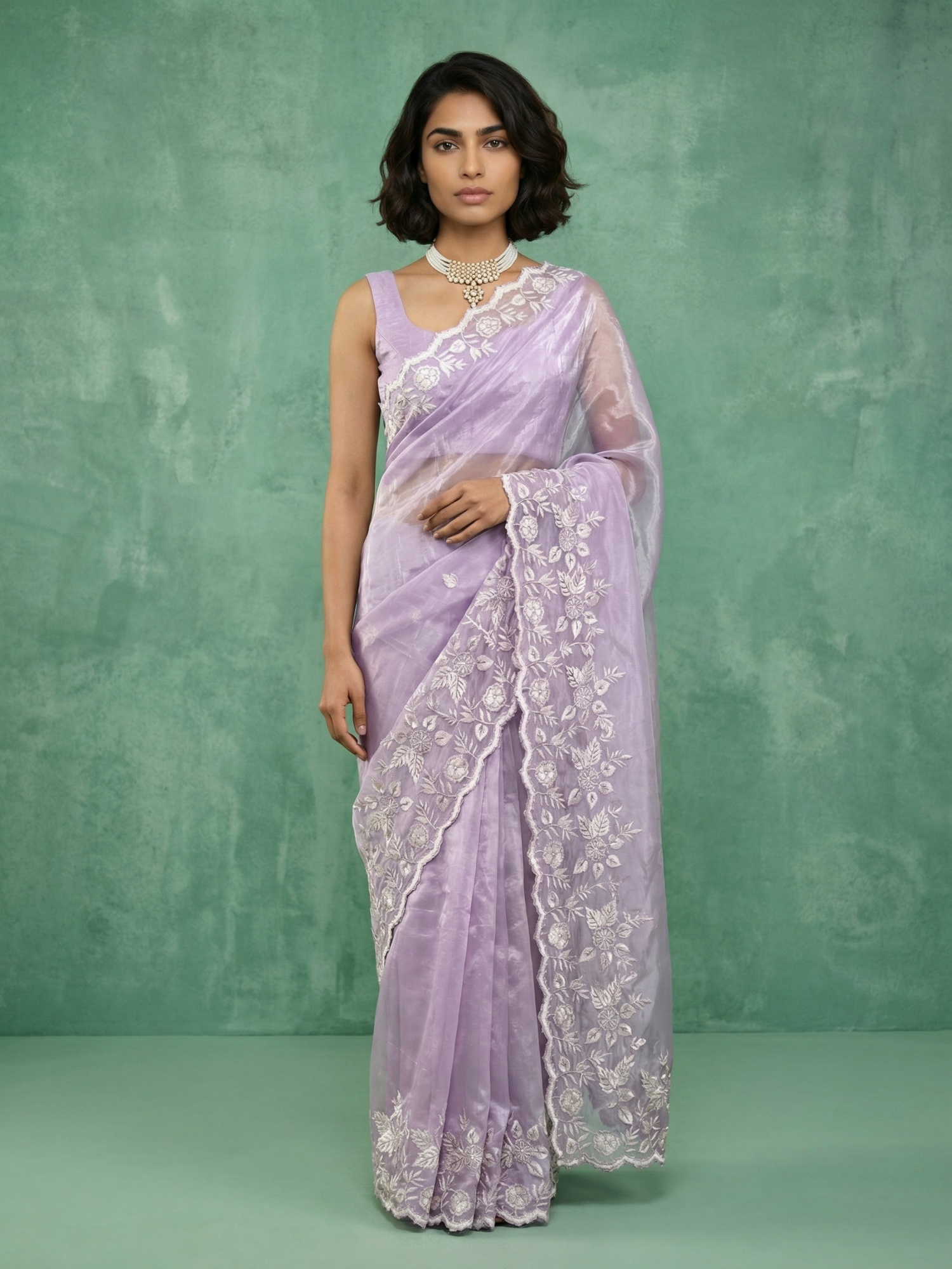 Lavender Floral Embroidery Chanda Silk Saree