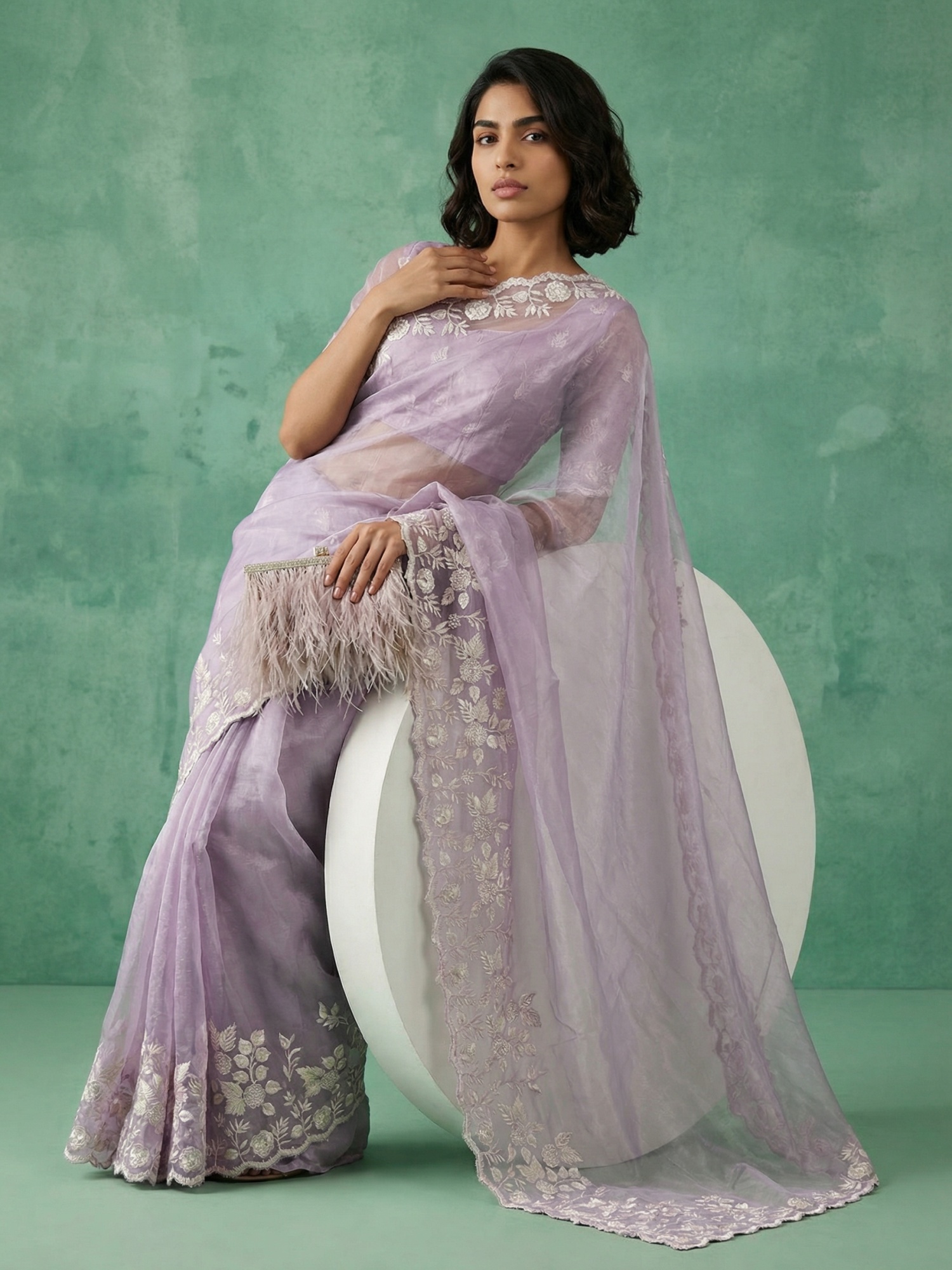 Lavender Floral Embroidery Chanda Silk Saree — alternate view