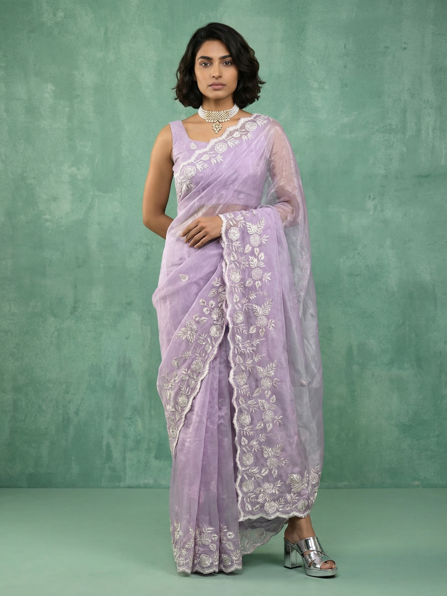 Lavender Floral Embroidery Chanda Silk Saree