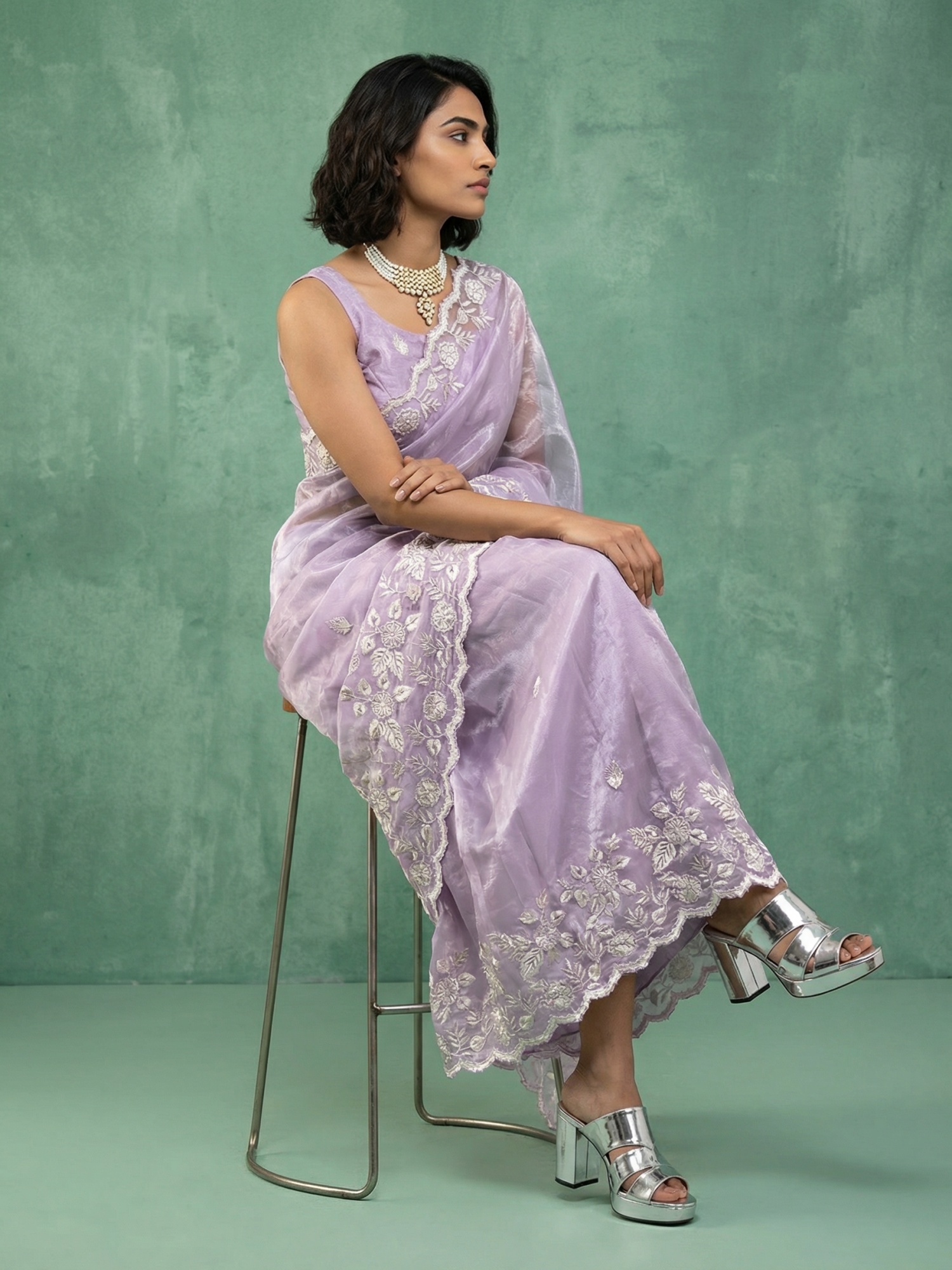 Lavender Floral Embroidery Chanda Silk Saree