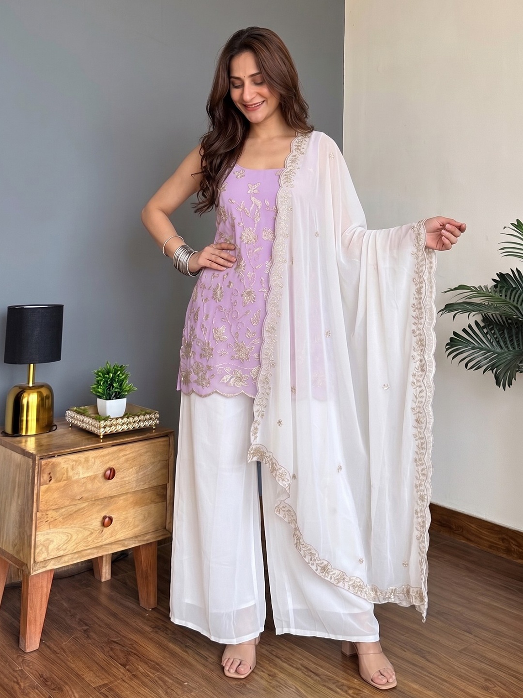 Lavender Floral Embroidery Georgette Kurta Set