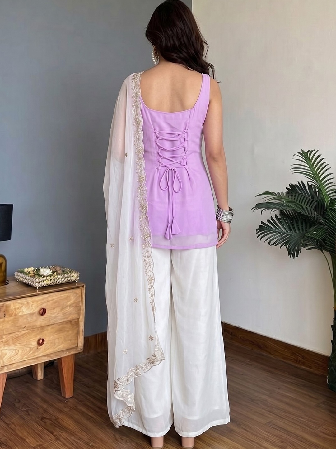 Lavender Floral Embroidery Georgette Kurta Set — alternate view