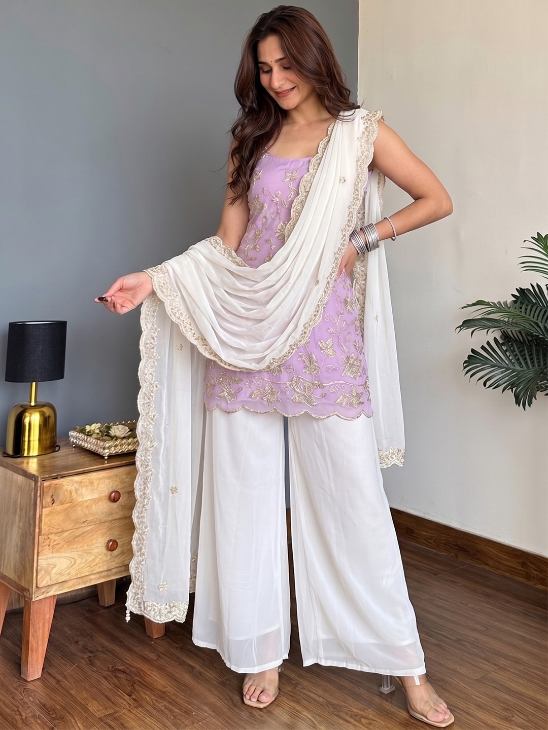 Lavender Floral Embroidery Georgette Kurta Set