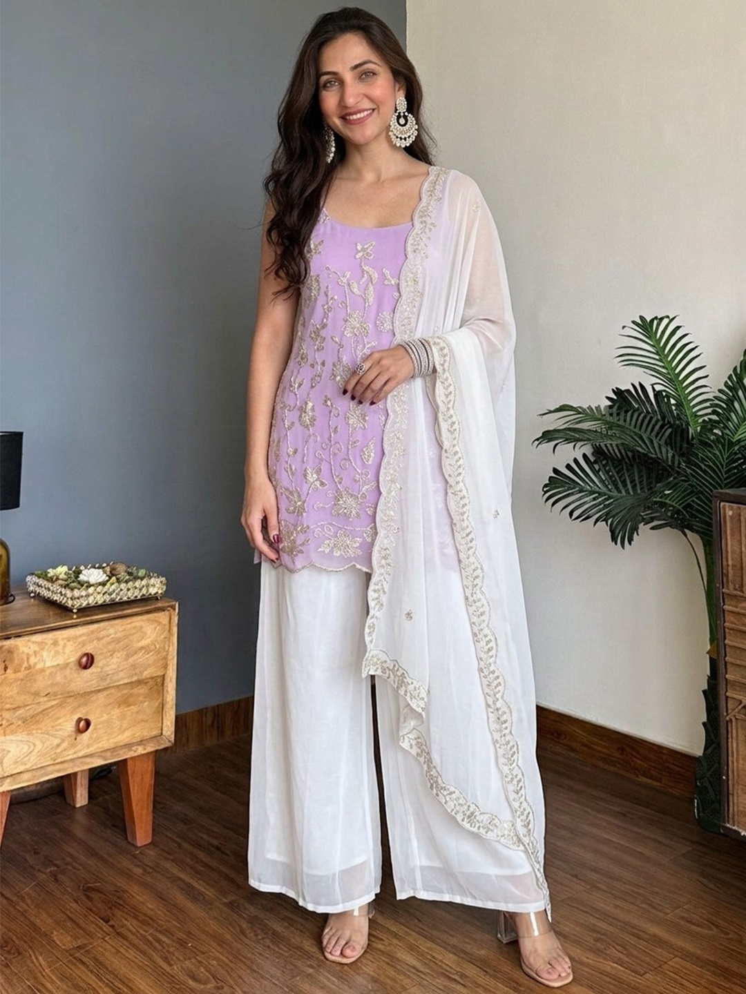 Lavender Floral Embroidery Georgette Kurta Set