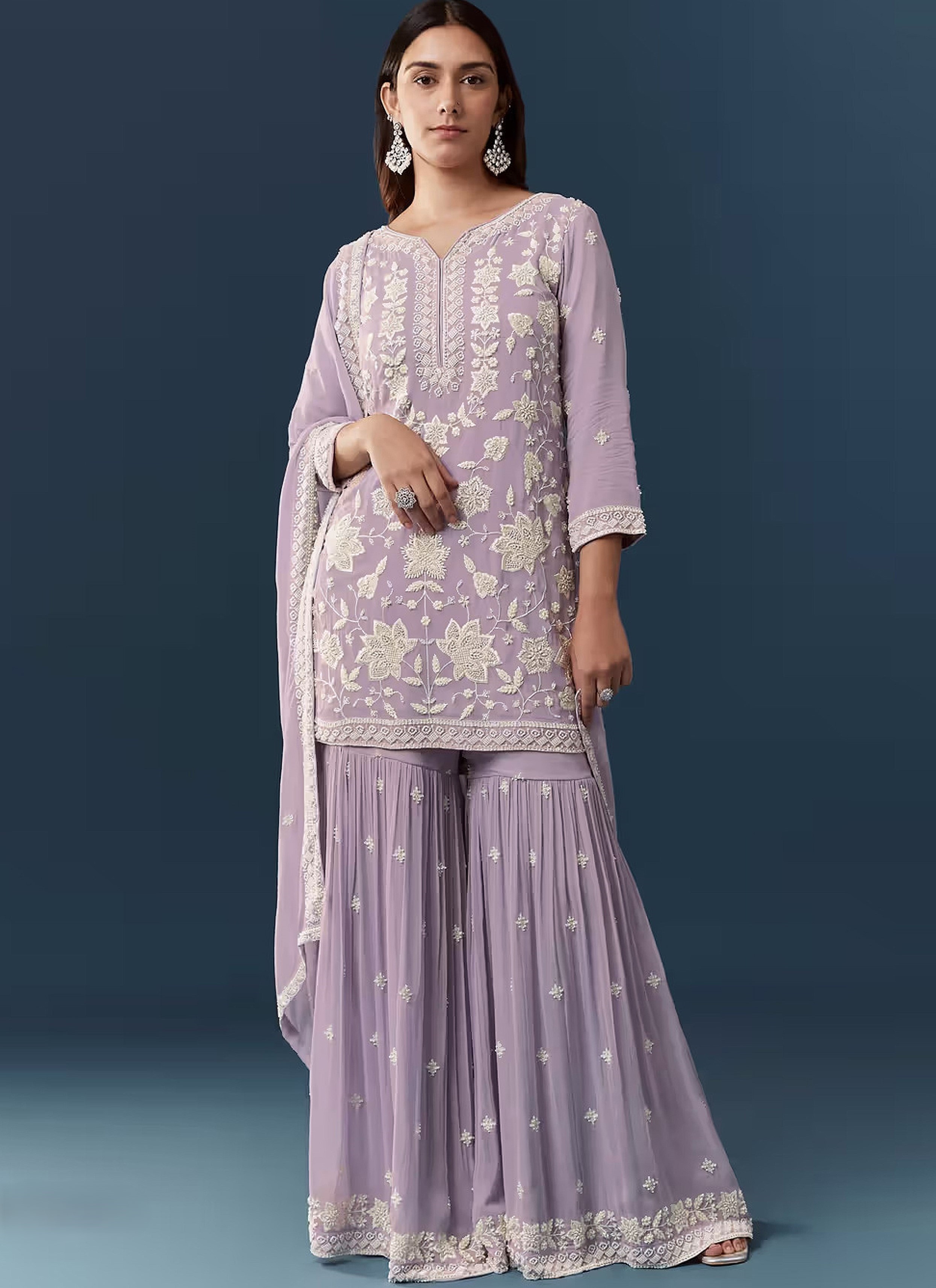 Lavender Floral Embroidery Georgette Sharara Suit