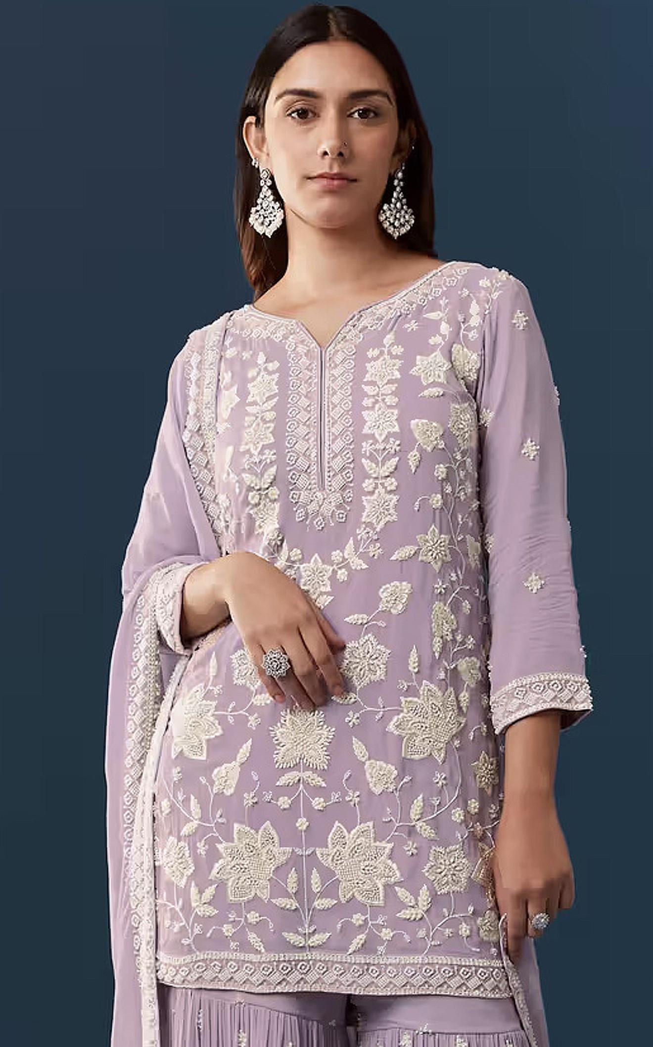 Lavender Floral Embroidery Georgette Sharara Suit — alternate view