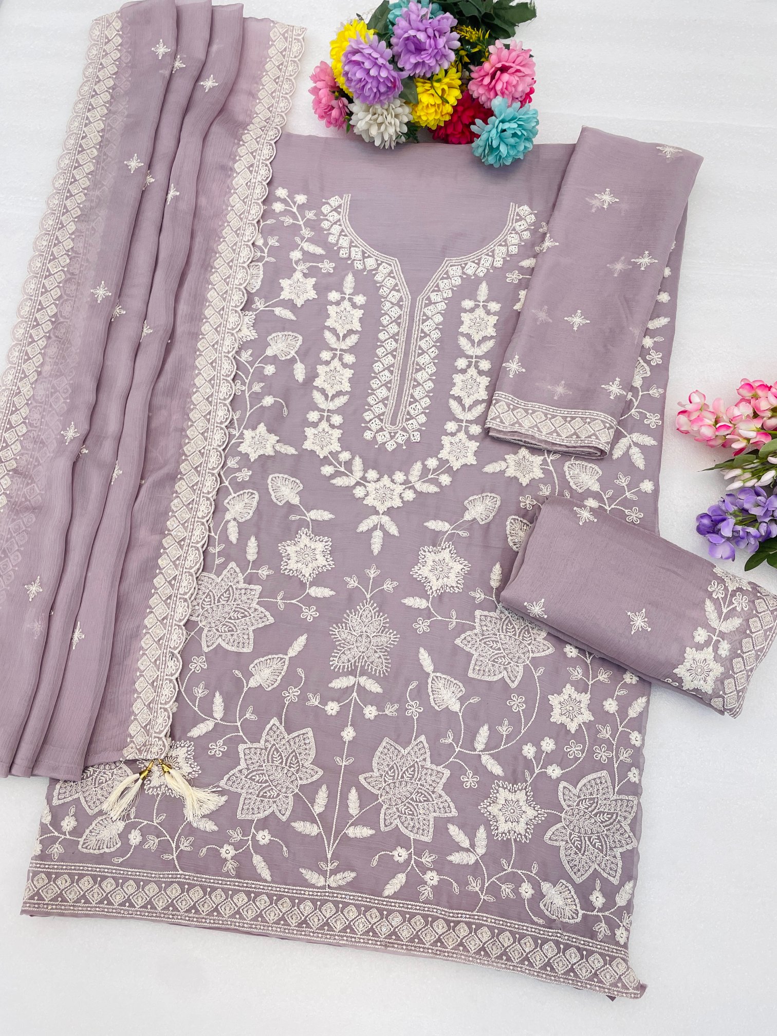 Lavender Floral Embroidery Georgette Sharara Suit