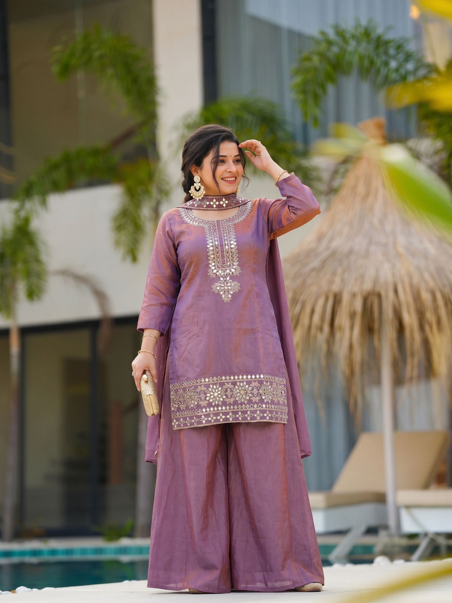 Lavender Floral Embroidery Gold Silk Straight Suit