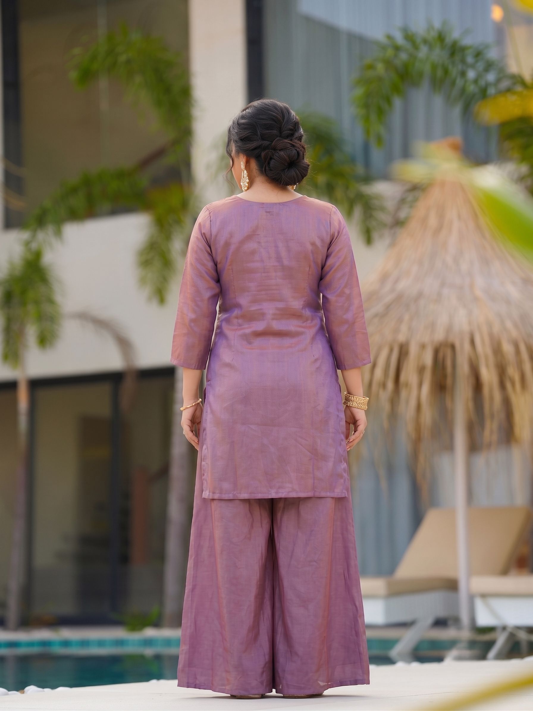 Lavender Floral Embroidery Gold Silk Straight Suit — alternate view