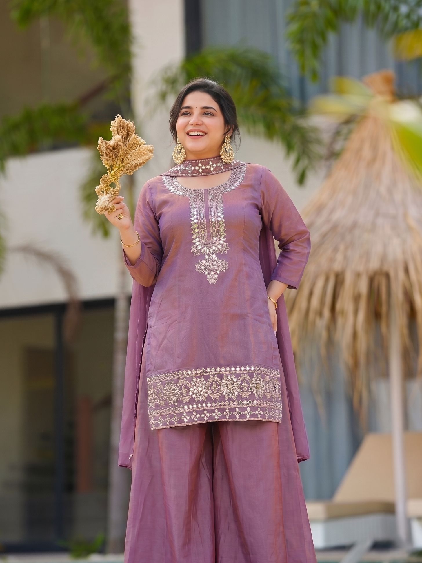Lavender Floral Embroidery Gold Silk Straight Suit