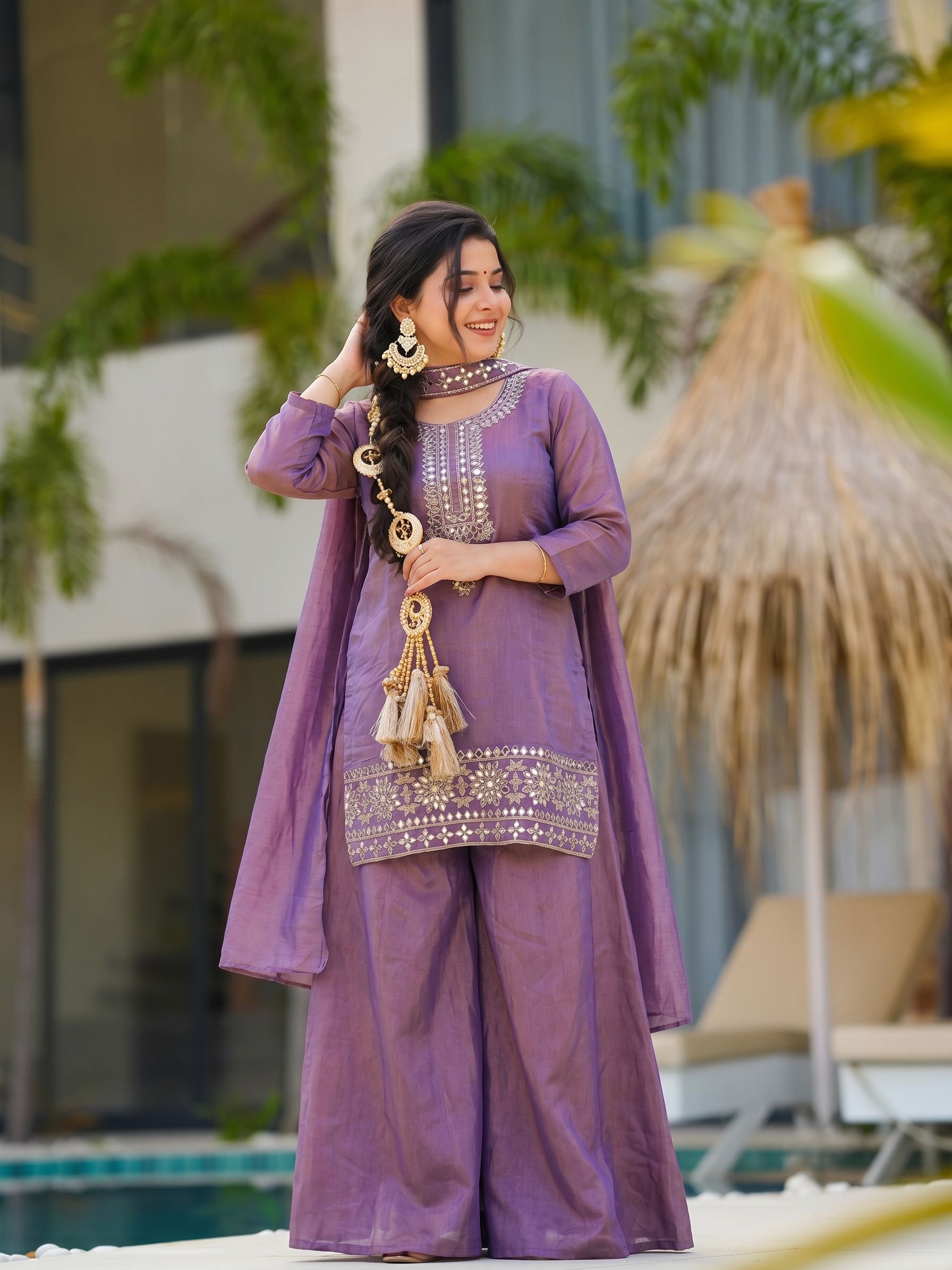 Lavender Floral Embroidery Gold Silk Straight Suit