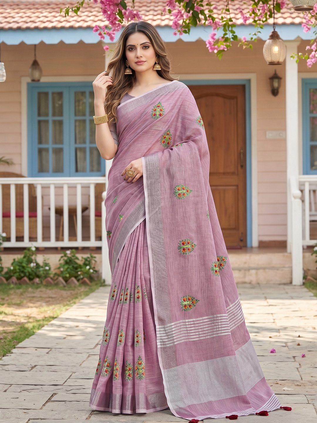 Lavender Floral Embroidery Linen Saree