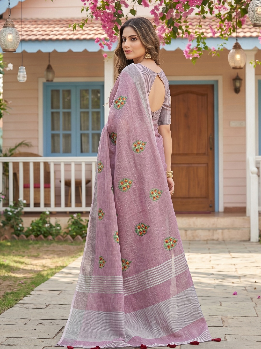 Lavender Floral Embroidery Linen Saree — alternate view