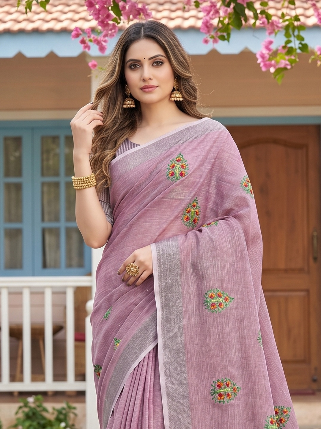 Lavender Floral Embroidery Linen Saree