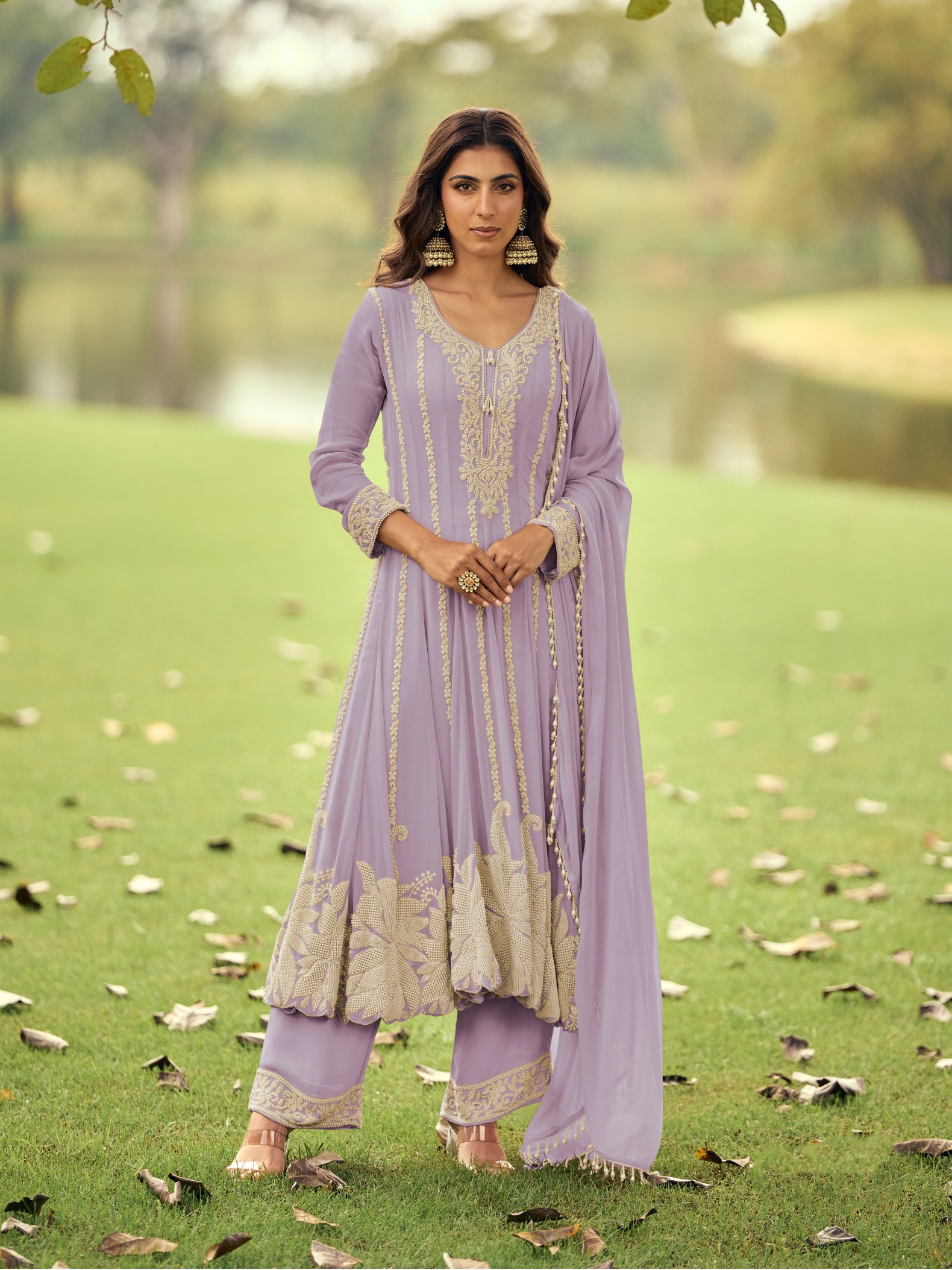 Lavender Floral Heavy Designer Beads Georgette Anarkali Suit