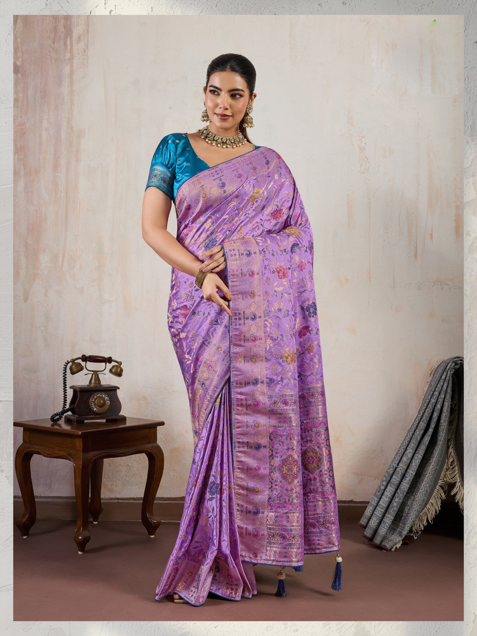 Lavender Floral Meena Satin Saree