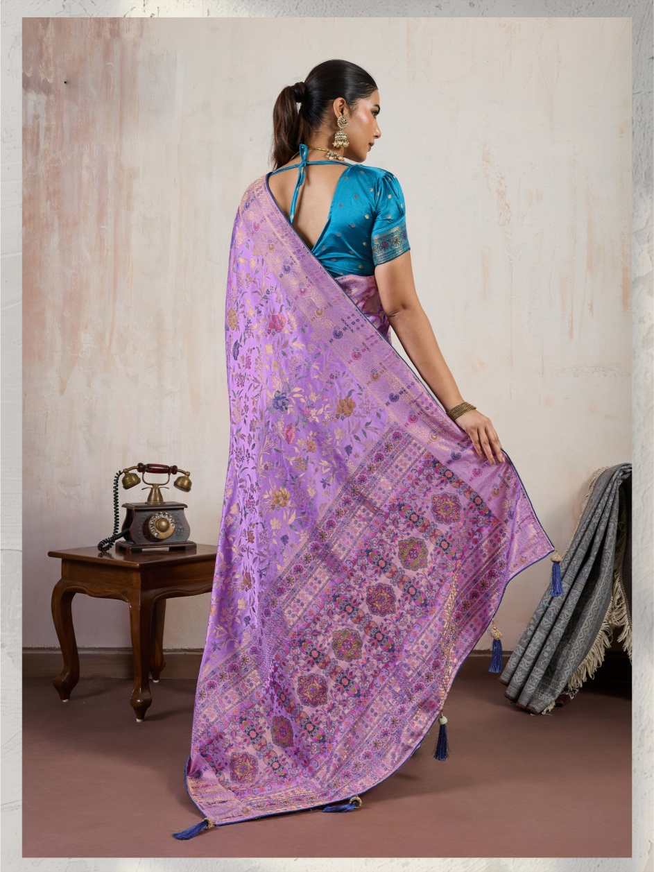 Lavender Floral Meena Satin Saree — alternate view