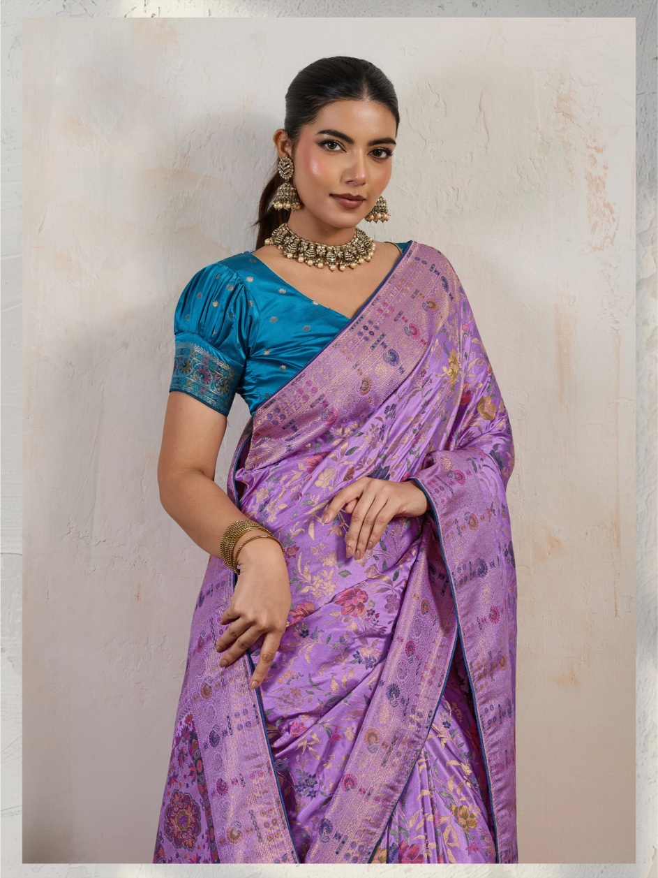 Lavender Floral Meena Satin Saree