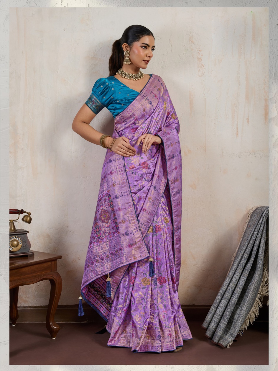 Lavender Floral Meena Satin Saree