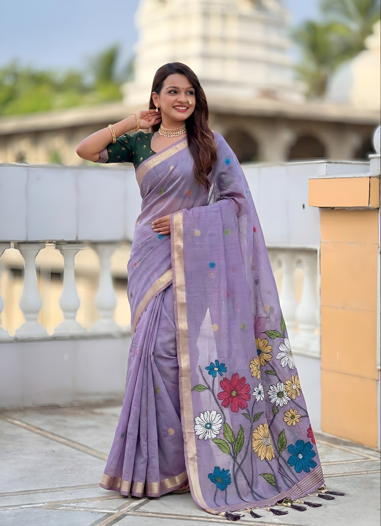 Lavender Floral Meenakari Woven Cotton Silk Saree