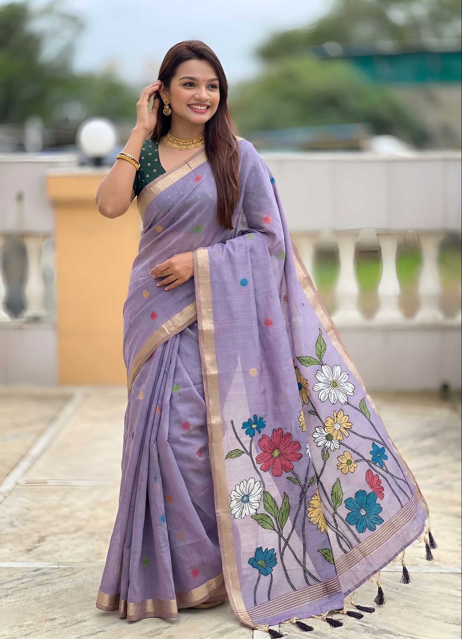 Lavender Floral Meenakari Woven Cotton Silk Saree — alternate view