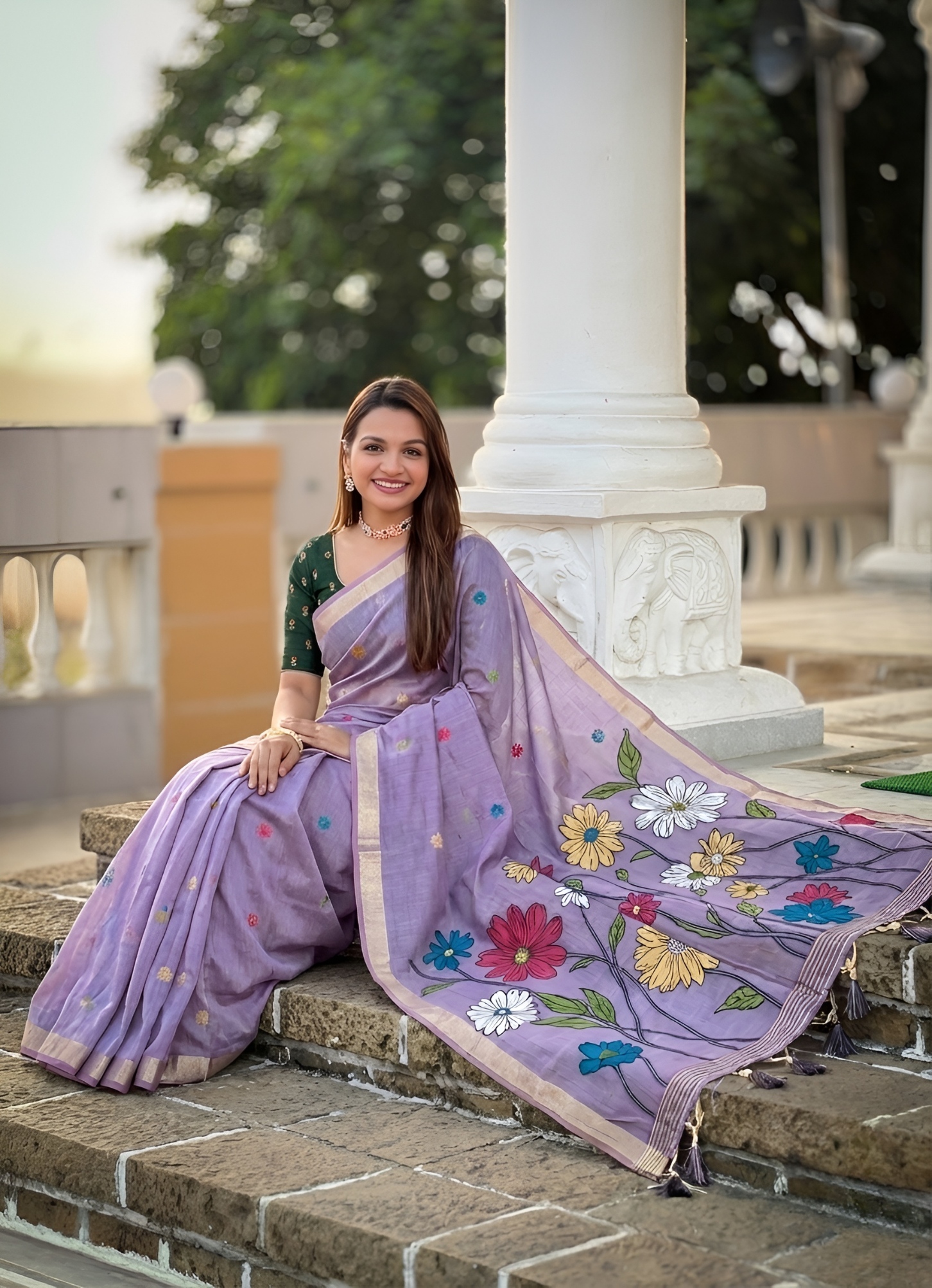 Lavender Floral Meenakari Woven Cotton Silk Saree