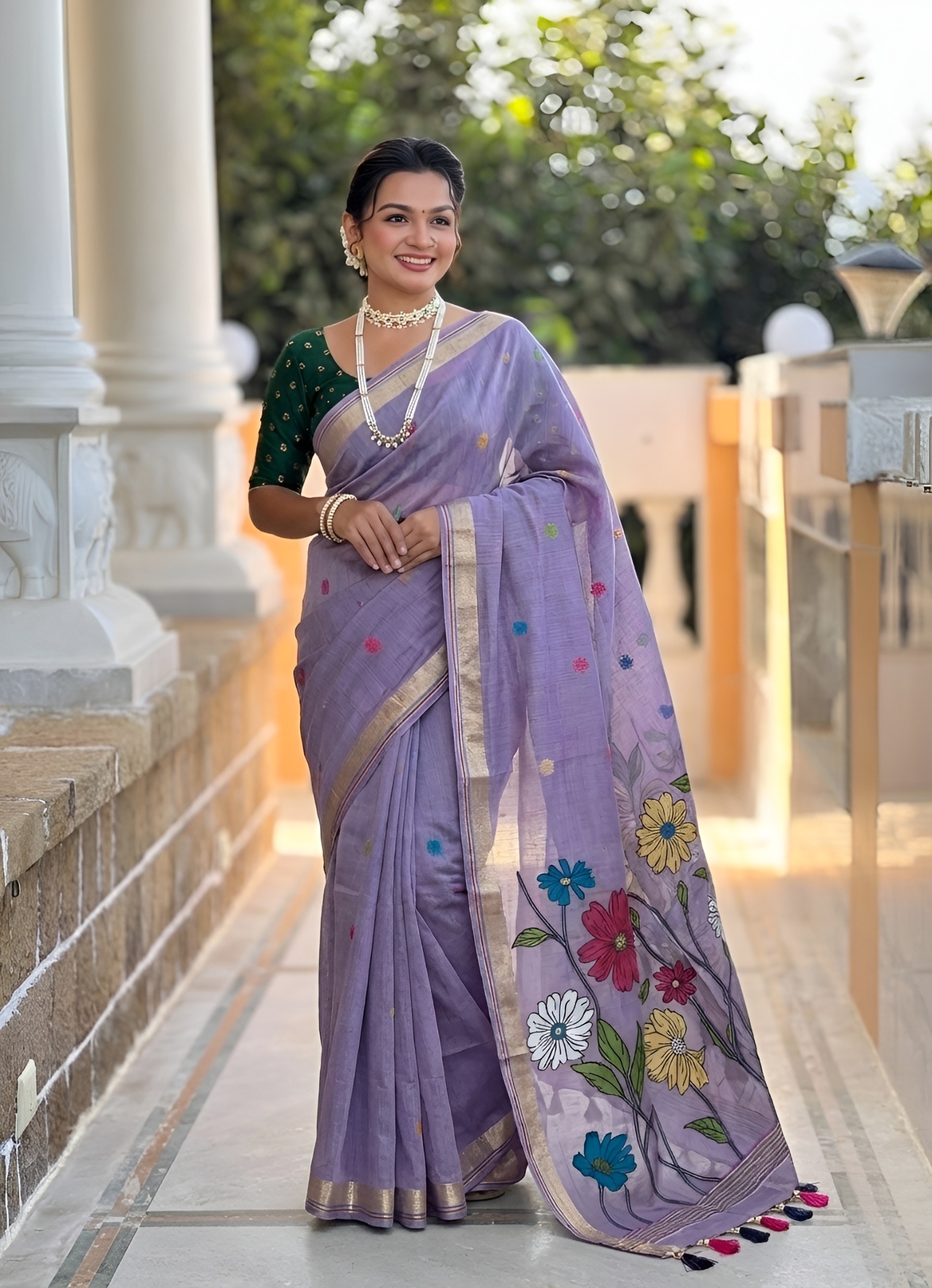 Lavender Floral Meenakari Woven Cotton Silk Saree
