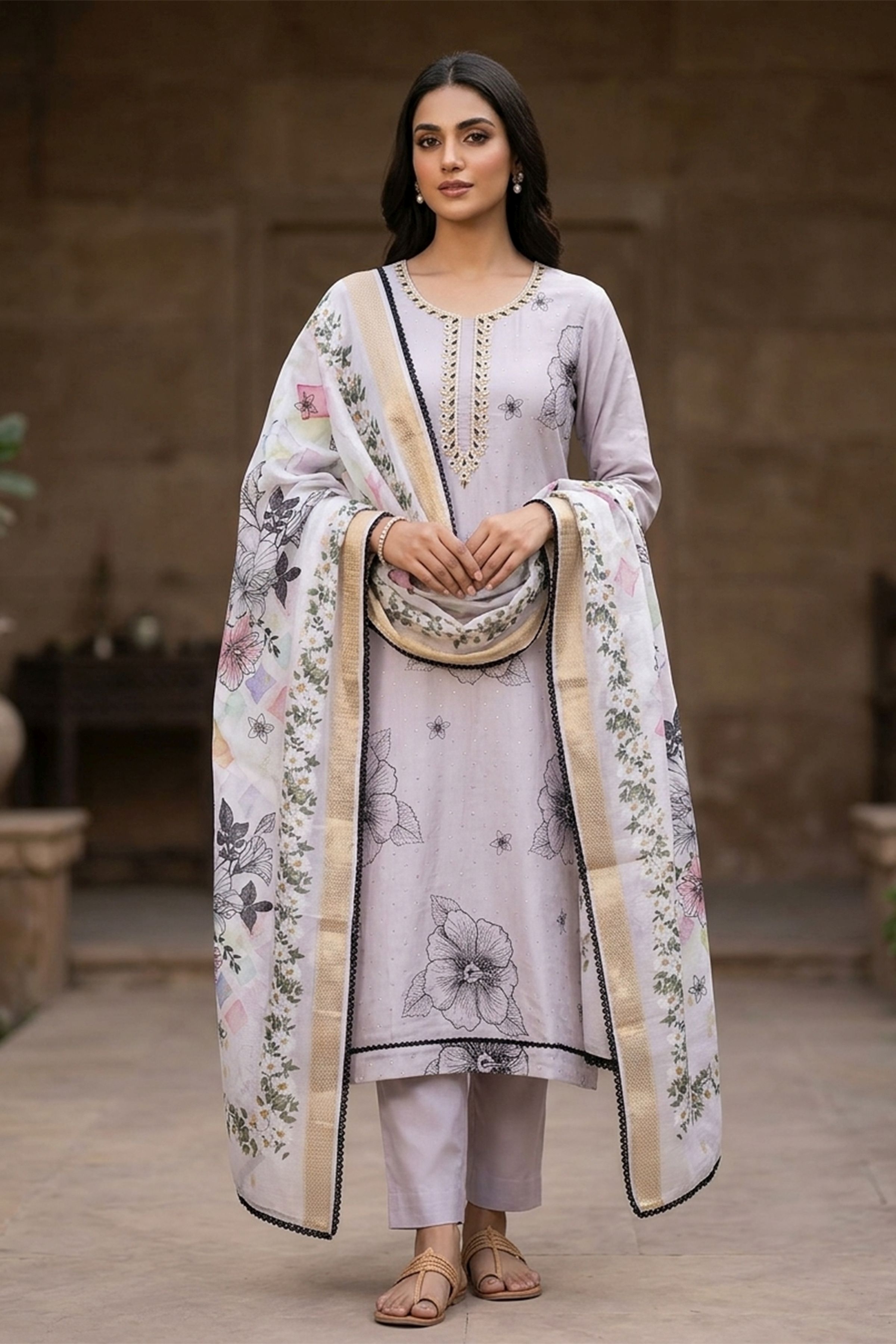 Lavender Floral Modal Cotton Straight Suit