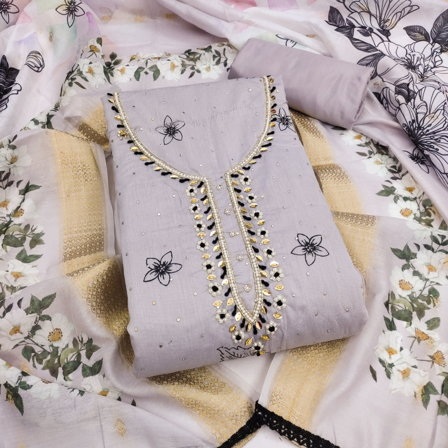 Lavender Floral Modal Cotton Straight Suit
