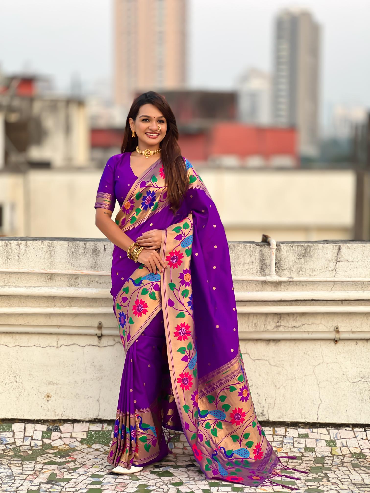 Lavender Floral N Peacock Motif Paithani Silk Saree