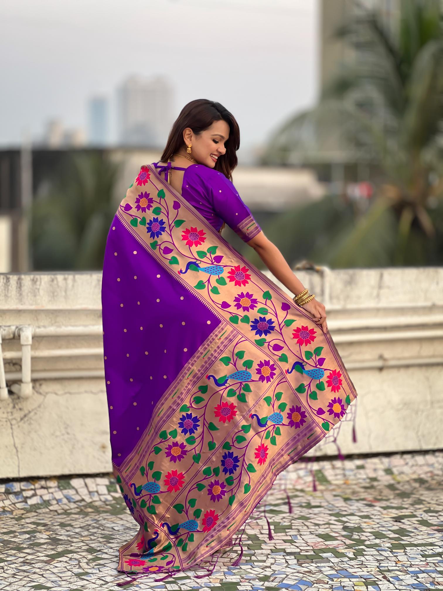 Lavender Floral N Peacock Motif Paithani Silk Saree — alternate view