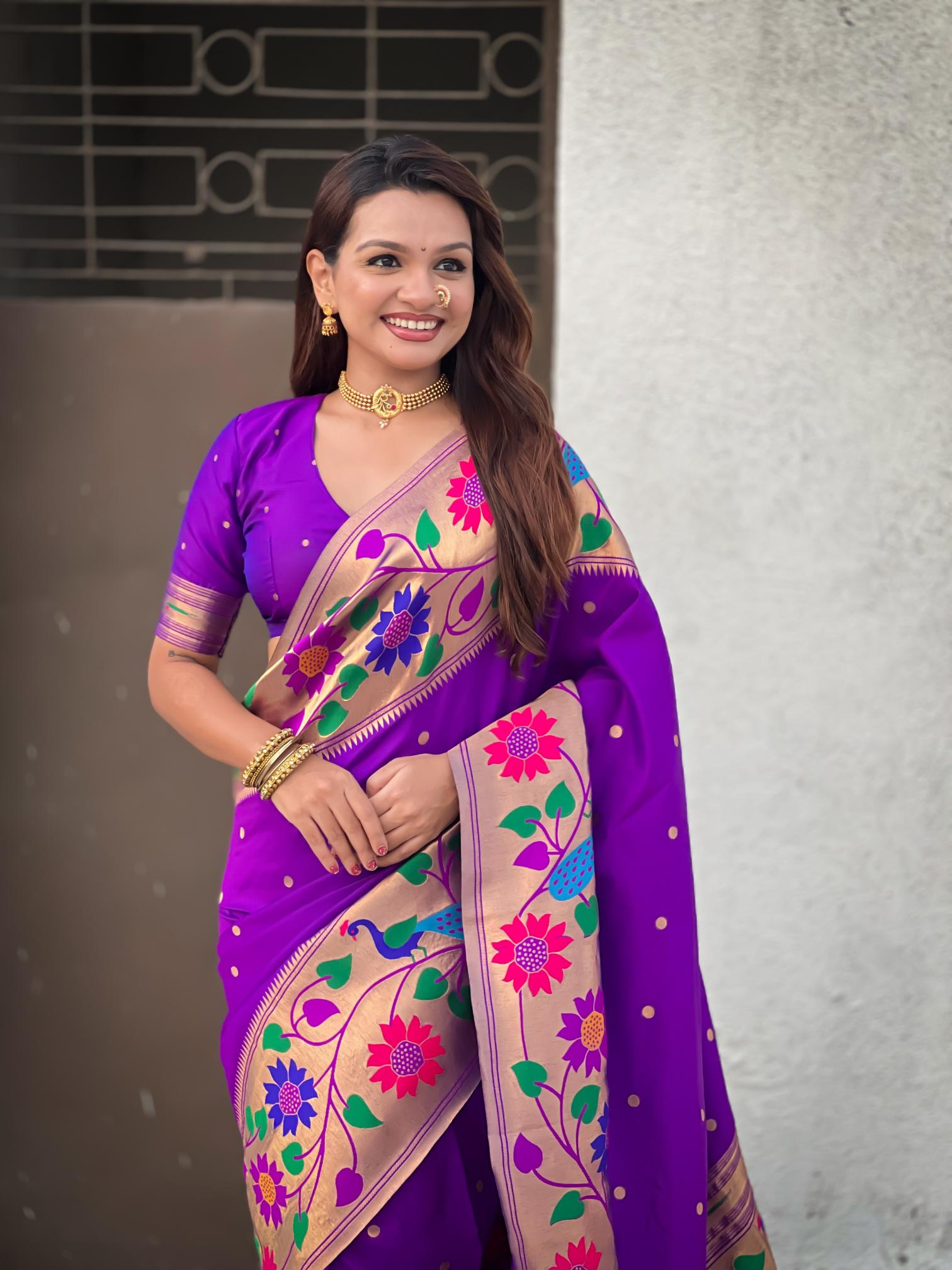 Lavender Floral N Peacock Motif Paithani Silk Saree
