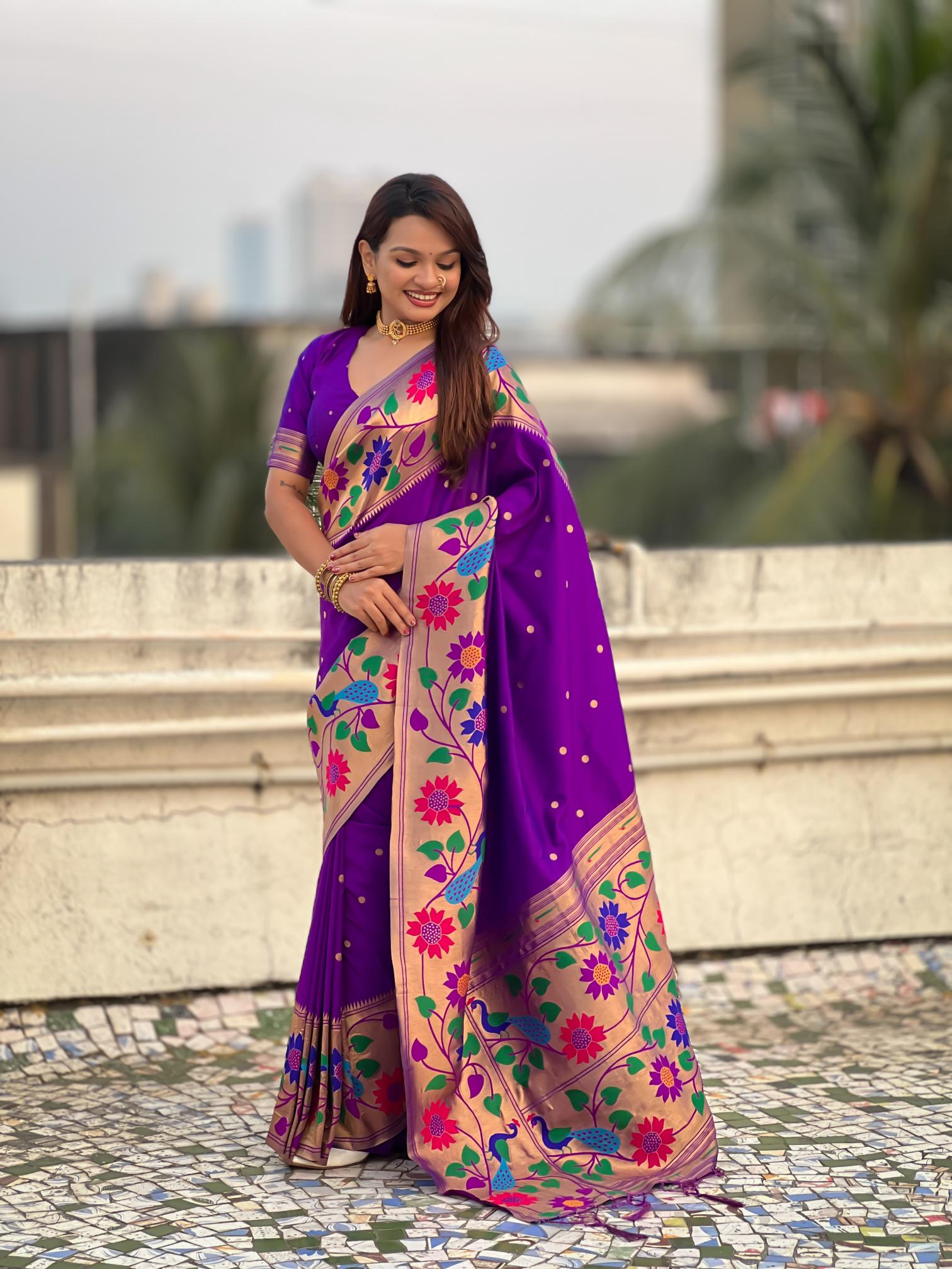 Lavender Floral N Peacock Motif Paithani Silk Saree