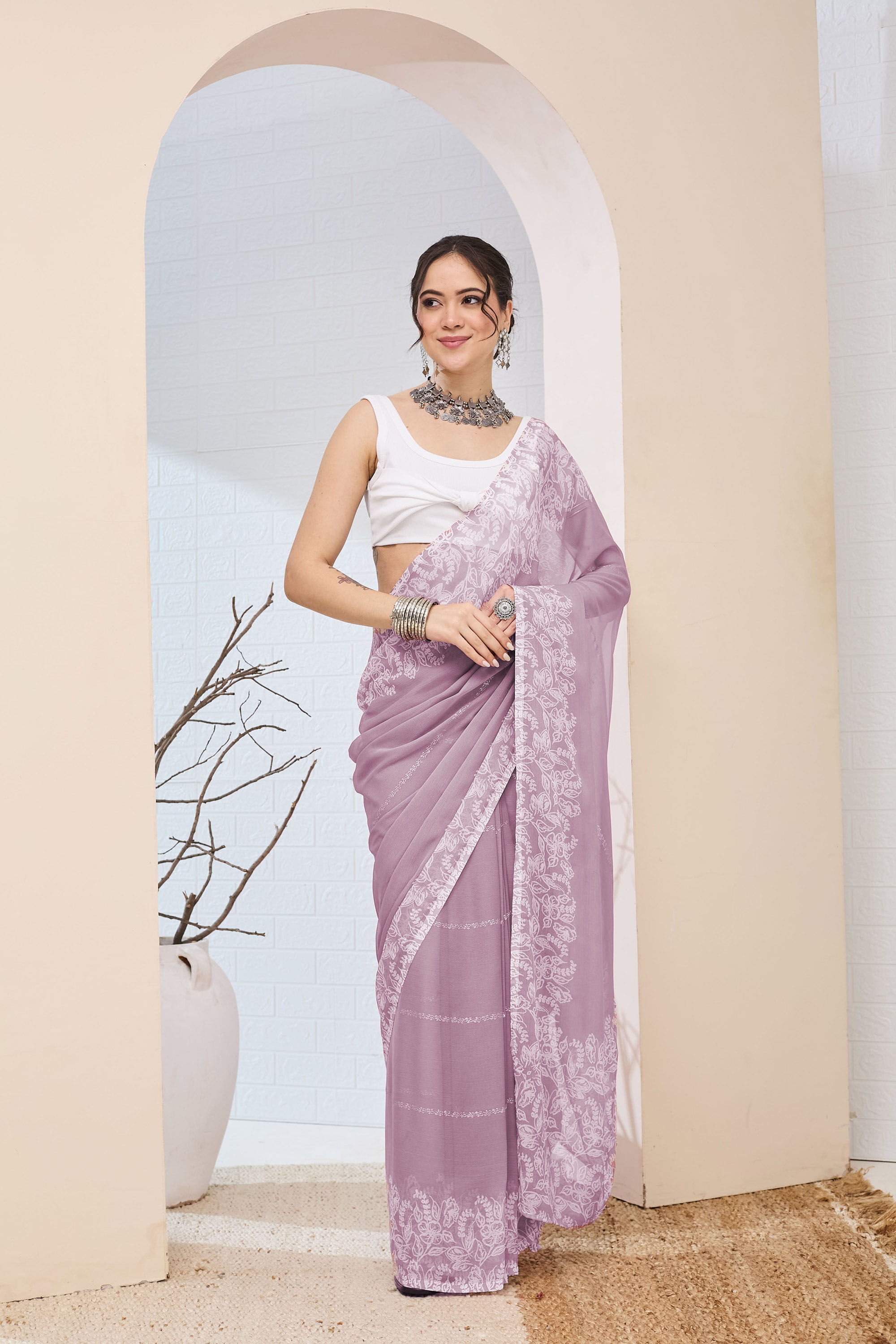 Lavender Floral Printed Chiffon Ready To Wear Saree