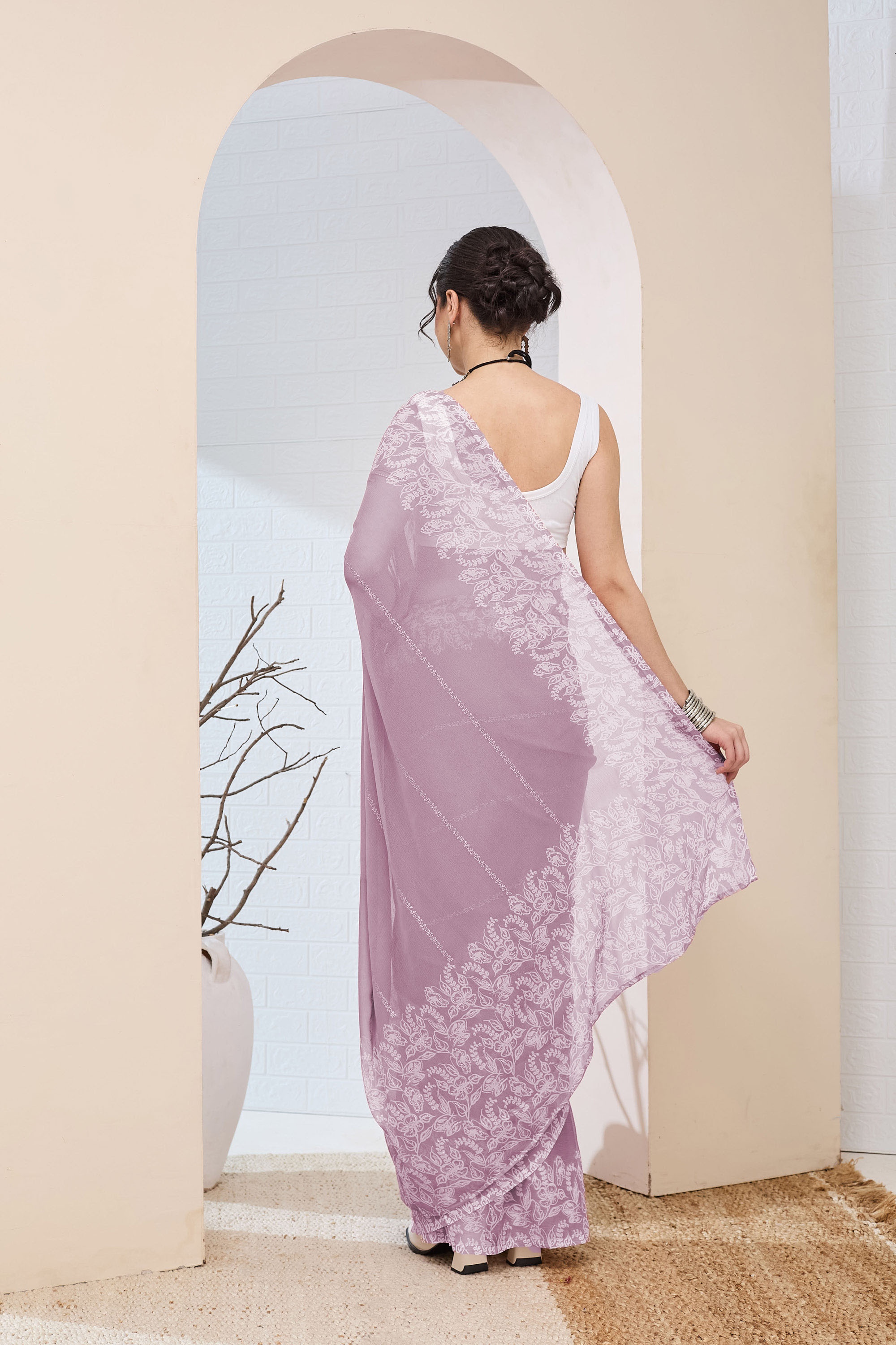 Lavender Floral Printed Chiffon Ready To Wear Saree — alternate view