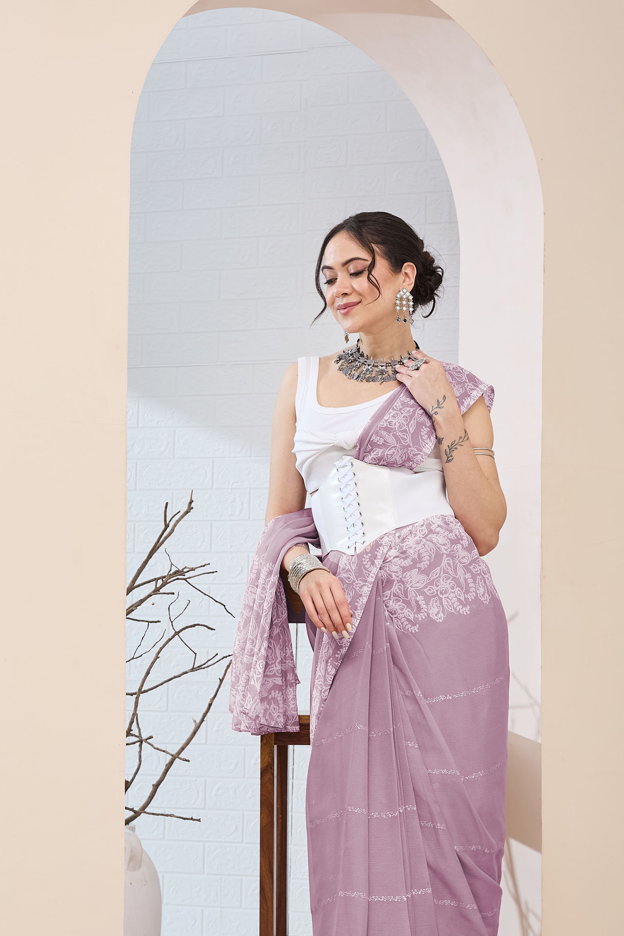 Lavender Floral Printed Chiffon Ready To Wear Saree