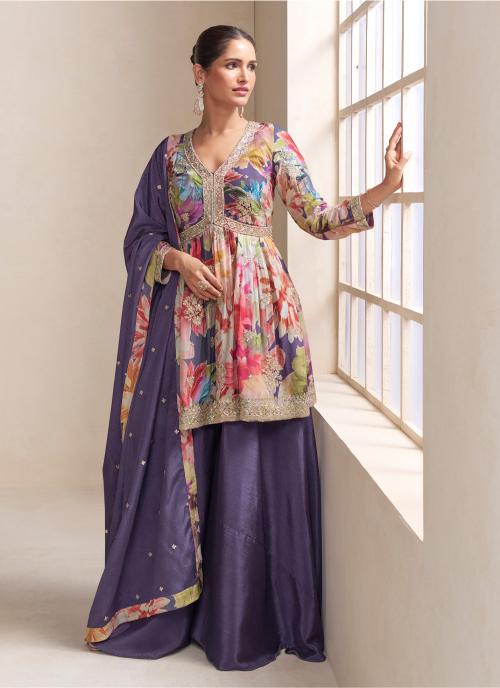 Lavender Floral Printed Chinnon Palazzo Suit